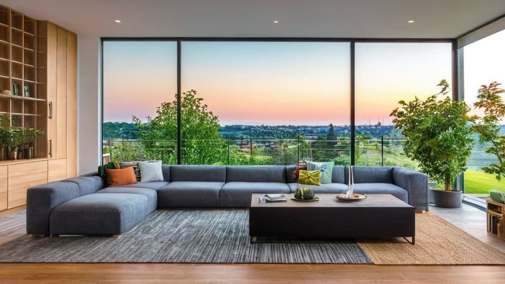 Spacious eco-friendly living room with large windows showcasing a scenic outdoor view, contemporary furniture, and indoor plants for sustainable home design.
