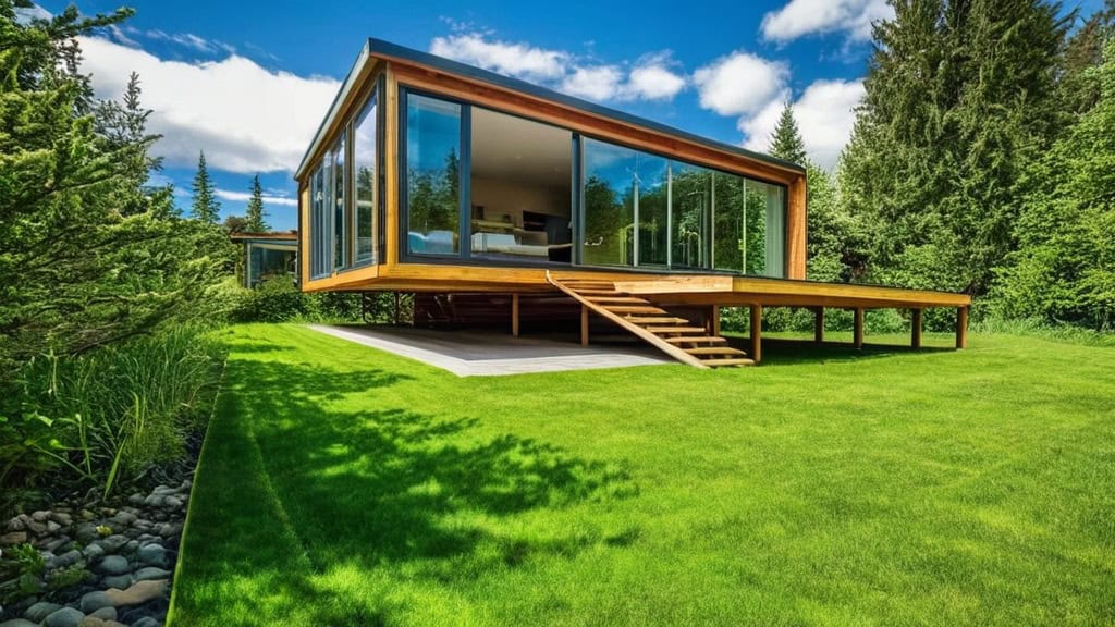 Eco friendly modern cabin with large glass windows surrounded by lush greenery and trees, showcasing sustainable architecture and eco-conscious living.