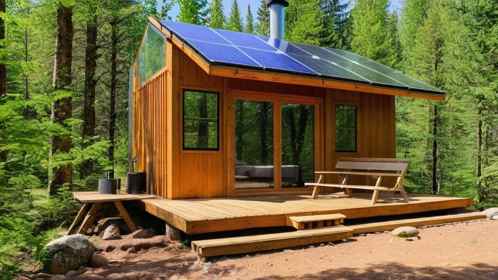 Eco friendly cabin with solar panels on roof, surrounded by lush green trees, showcasing sustainable living in nature.